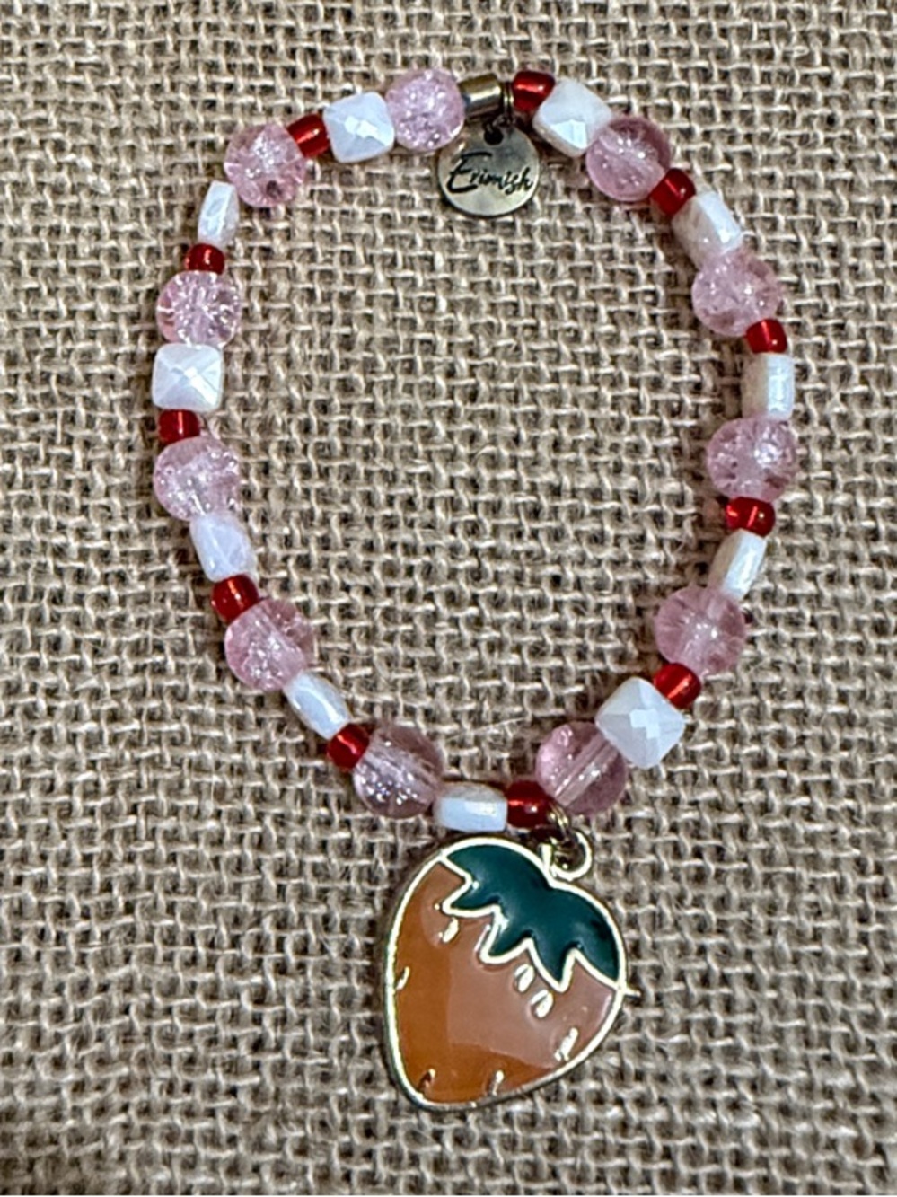 Erimish Pink, Red & Green Strawberry Charm Beaded Bracelet